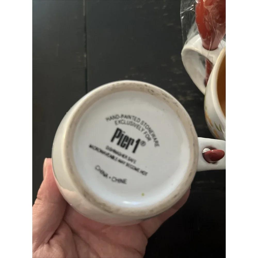 (2) Pier 1 Floral Hand-Painted Stoneware 12 oz. Coffee Mug Cup White Orange Red